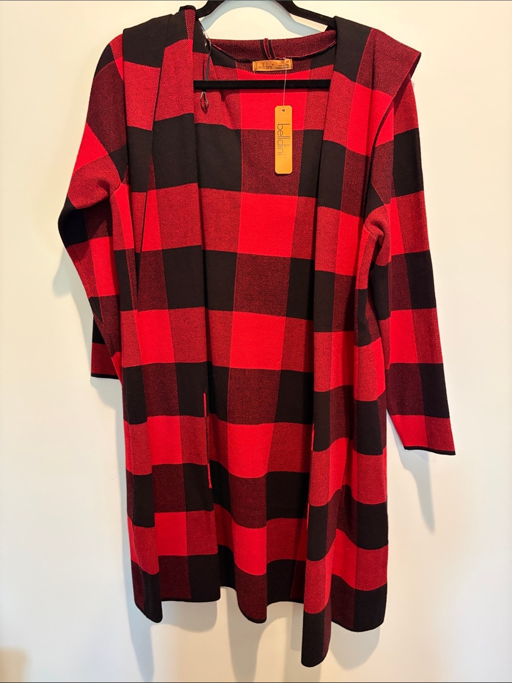 Belldini Red and Black Buffalo Plaid Hooded Open Cardigan Coatigan